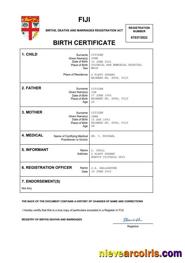 Fiji birth certificate